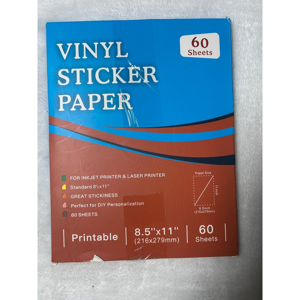60 Sheets Printable Vinyl Sticker Paper 8.5x11 Inkjet Laser Printer Waterproof